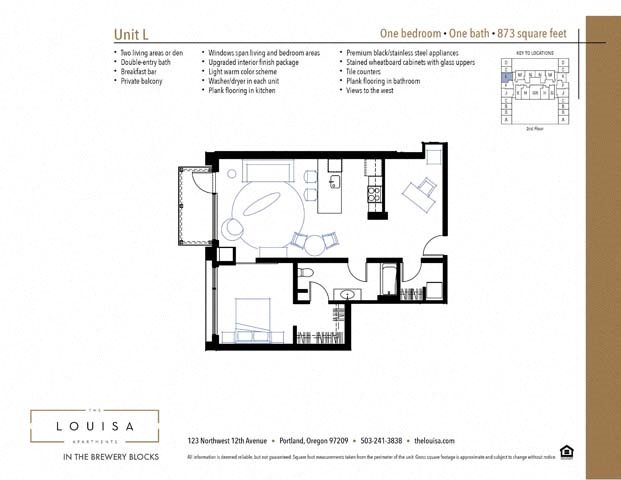 1 Bed 1 Bath (L) Floor Plan 1 Bed 1 Bath (L) Floor Plan at The Louisa Apartments in Portland, Oregon